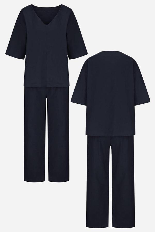 Navy V-neck cotton two-piece trouser set with mid-length sleeves and straight-leg pants