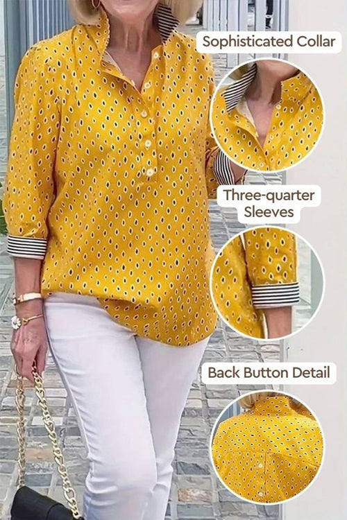 Boho Chic Resort Blouse yellow polka dot with striped collar and cuffs, three-quarter sleeves, and back button detail.