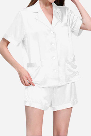 White Mulberry Silk Essentials buttoned short set nightwear with short sleeves and pockets