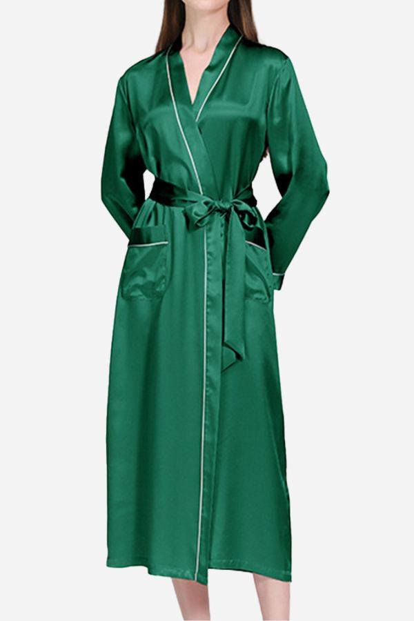 100 Mulberry Silk belted classy nightgown in elegant green with long sleeves and pockets
