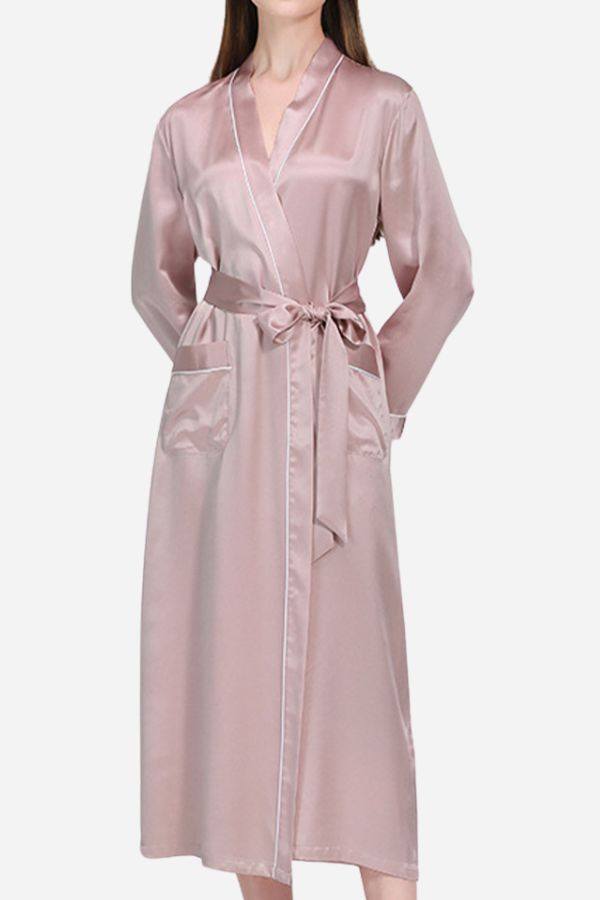 Light pink Mulberry Silk Nightgown with sash belt and long sleeves in relaxed fit