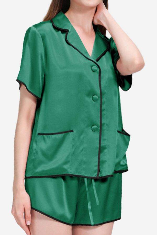 Green mulberry silk hemd trimmed short sleeve pajama set with black hems and shorts