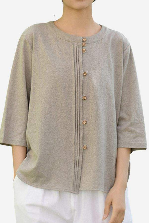 Women's Linen Cotton Classy eco-friendly beige shirt with wooden buttons and 3/4 sleeves