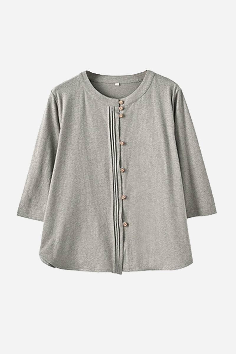 Grey linen cotton classy eco-friendly women's shirt with buttons and pleated front design