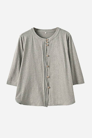 Grey linen cotton classy eco-friendly women's shirt with buttons and pleated front design