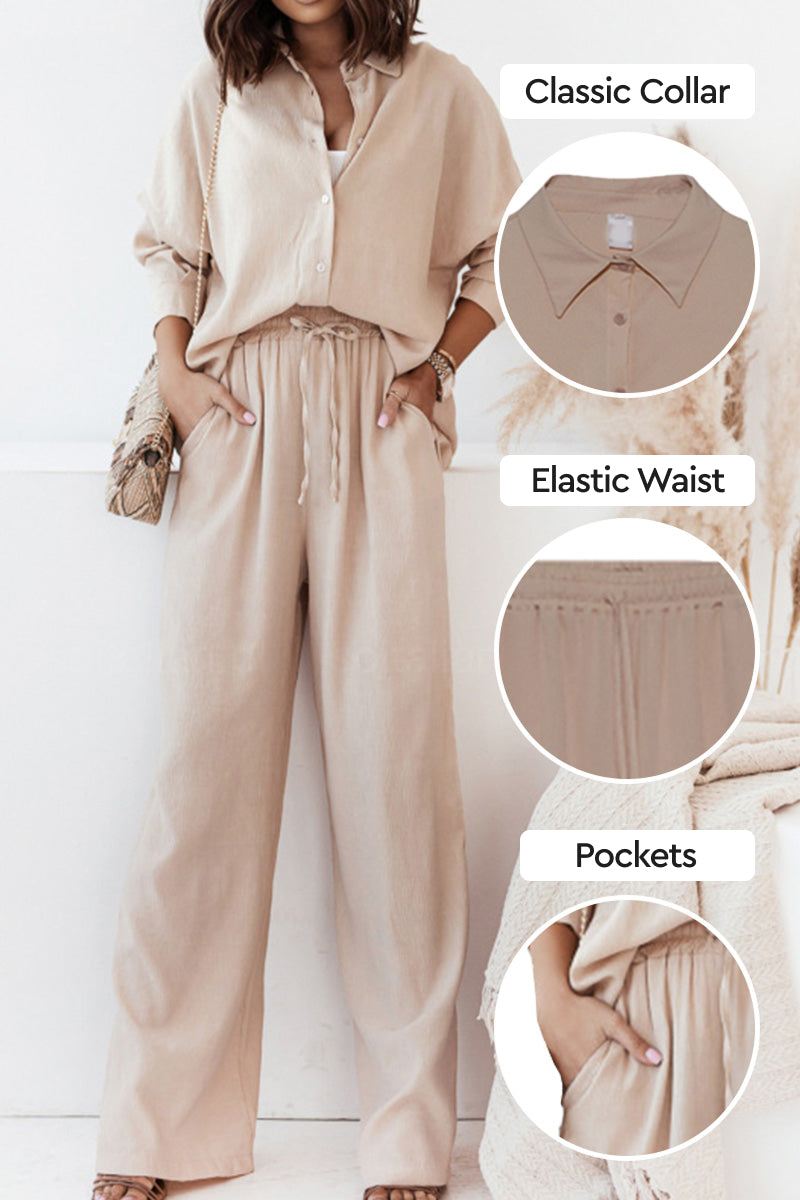 Beige professional two-piece set with classic collar, elastic waist, and pockets for stylish and comfortable wear.