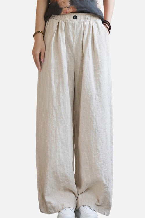 Light beige sandwashed ramie linen relaxed fit pants with elastic waistband and button detail