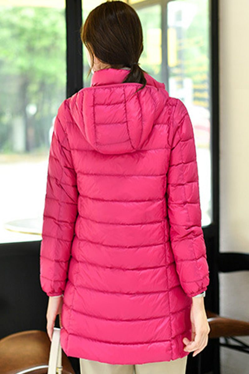 Women's lightweight water-resistant hooded pink puffer coat back view