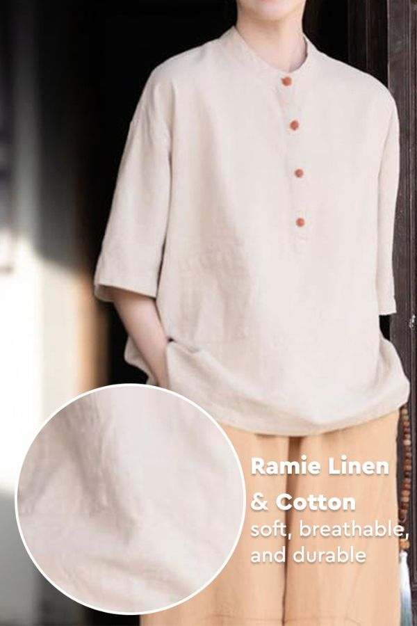 One size fits all ramie linen and cotton breathable shirt with relaxed fit and button details