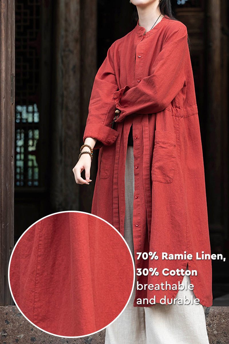 Oversized casual loose rust red ramie linen cotton cardigan with long sleeves and button front