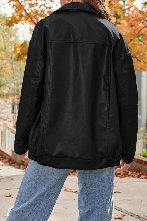 Oversized faux leather motorcycle jacket in black with relaxed fit and casual style