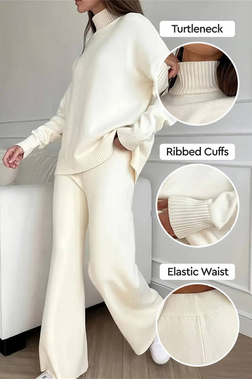 White knitted turtleneck two-piece set with ribbed cuffs and elastic waist, cozy and wrinkle-resistant polyester lounge outfit