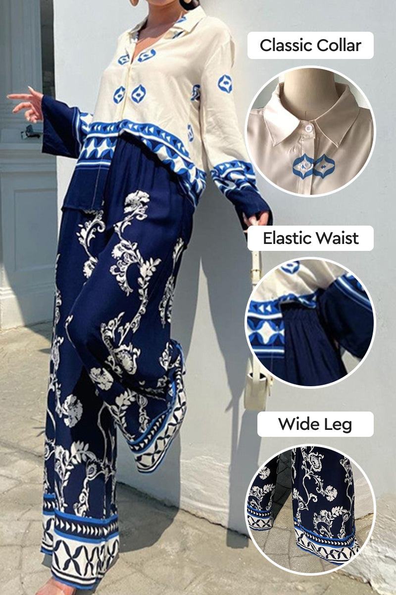 Mediterranean two-piece set with blue-white porcelain print, classic collar, elastic waist, and wide-leg pants.