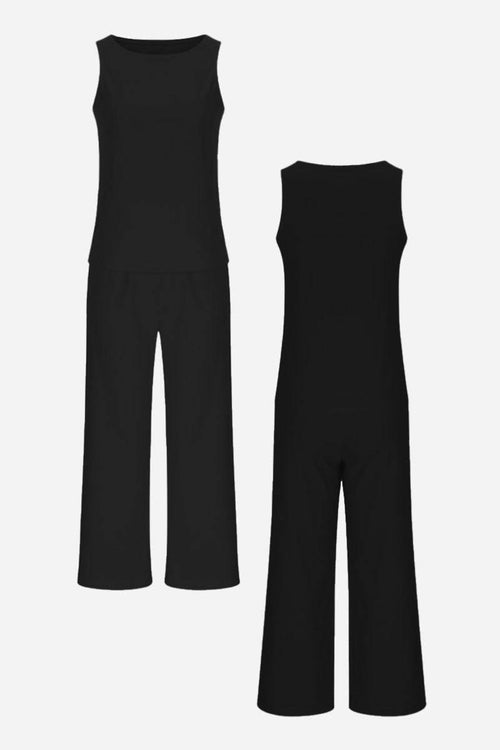 Sleek silhouette black sleeveless top and wide-leg pants coordinated set for versatile stylish wear