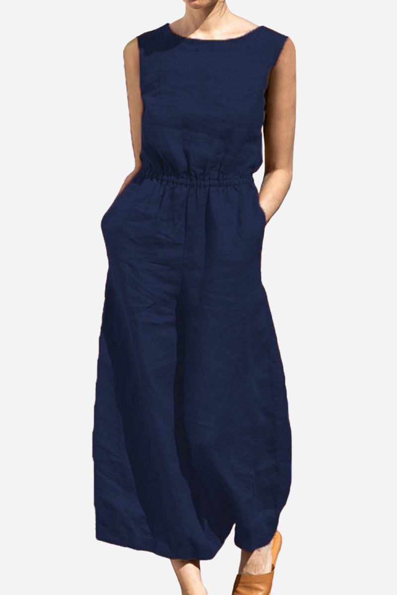 Pure Cotton minimal confidence two-piece set navy blue sleeveless outfit for women