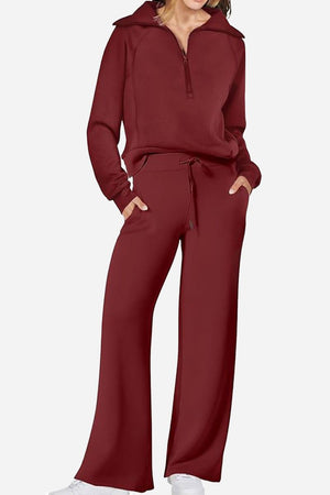 Women's Loungewear Buttersoft Tracksuit Set in maroon with zip-up top and wide-leg pants in soft polyester fabric