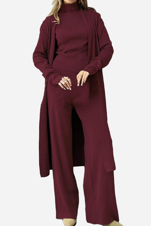 One size fits all burgundy three-piece collection with cardigan, top, and pants in soft, wrinkle-resistant fabric