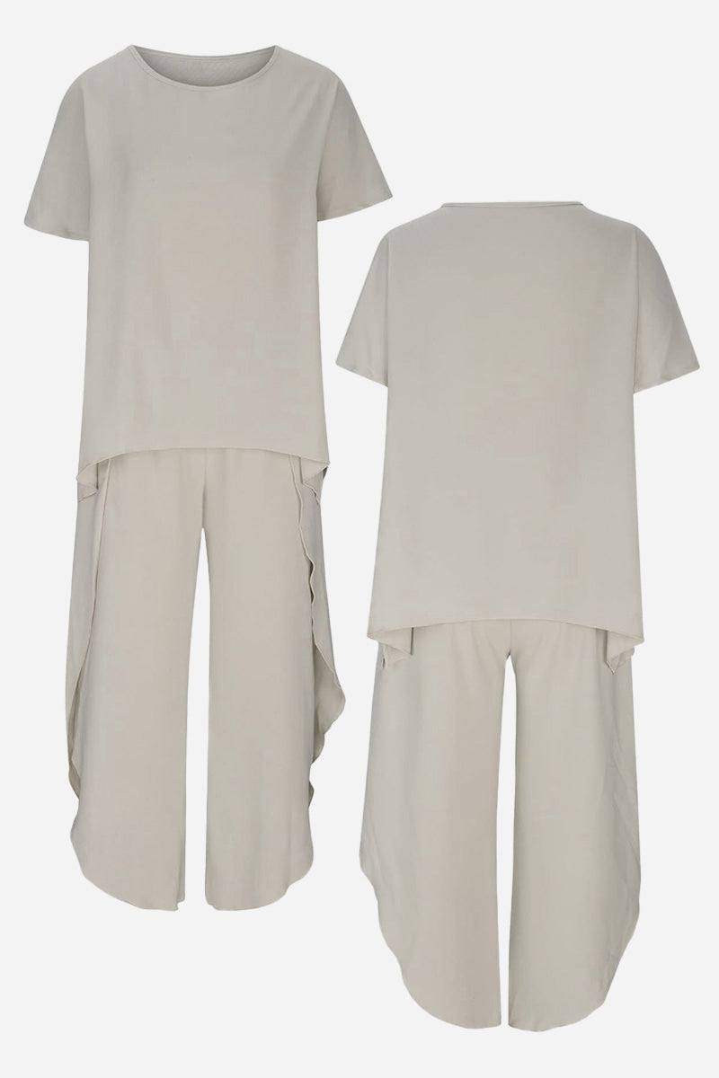 Relaxed linen-like travel 2-piece set in beige, lightweight and wrinkle-resistant outfit with short-sleeve top and loose pants.