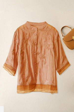 Sheer embroidered cotton linen Tuscany top with layered hem and buttons in soft peach tone