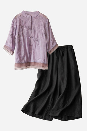 Cotton Linen Tuscany embroidered lilac top with black wide-leg linen trousers two-piece set