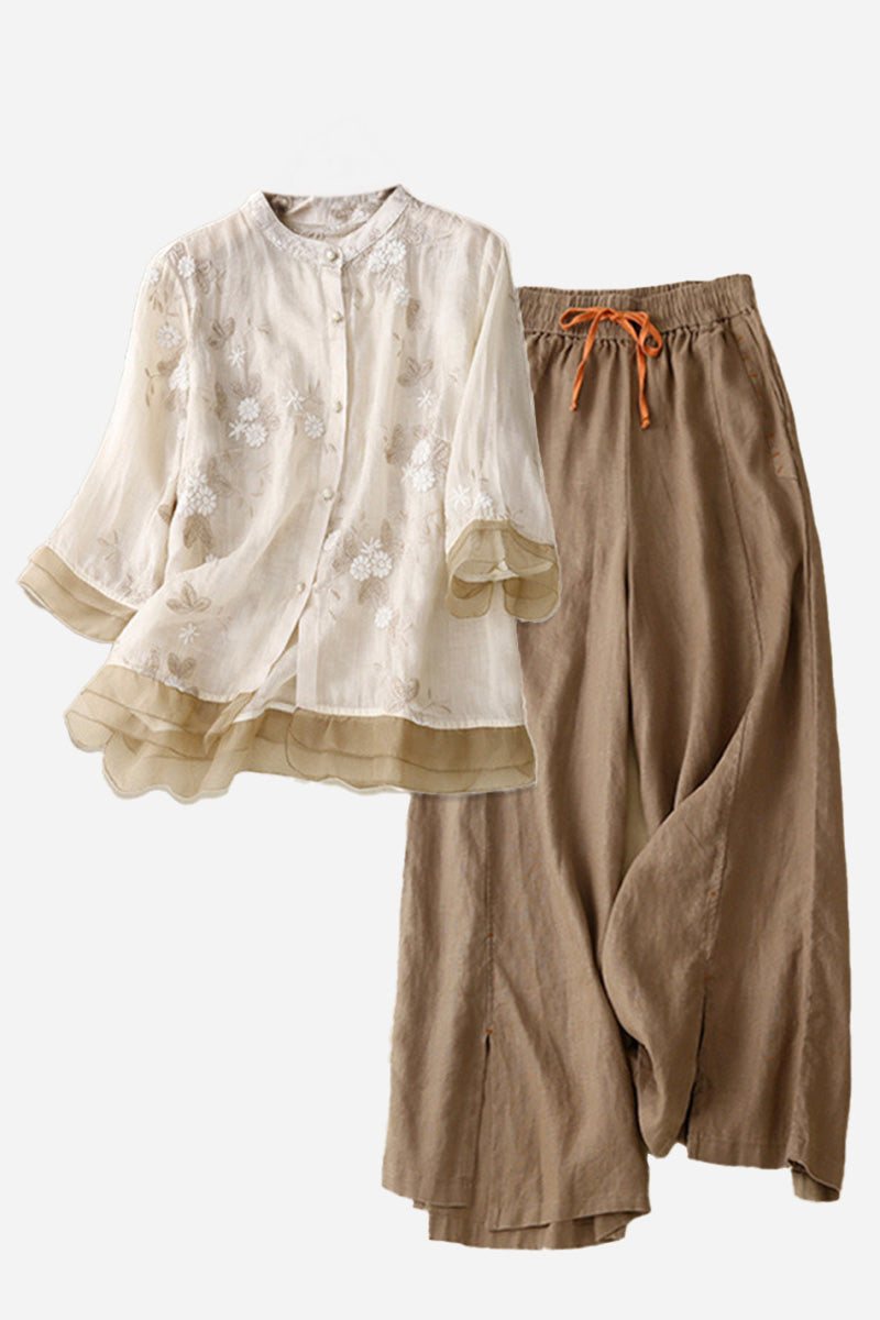 Cotton Linen Tuscany two-piece set with embroidered sheer top and wide-leg linen trousers