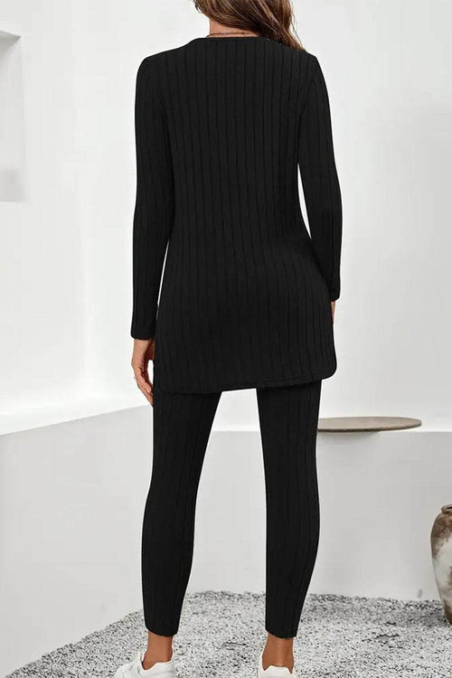 Black Butter Touch Ribbed Two-Piece Set with long sleeves and fitted leggings shown from the back
