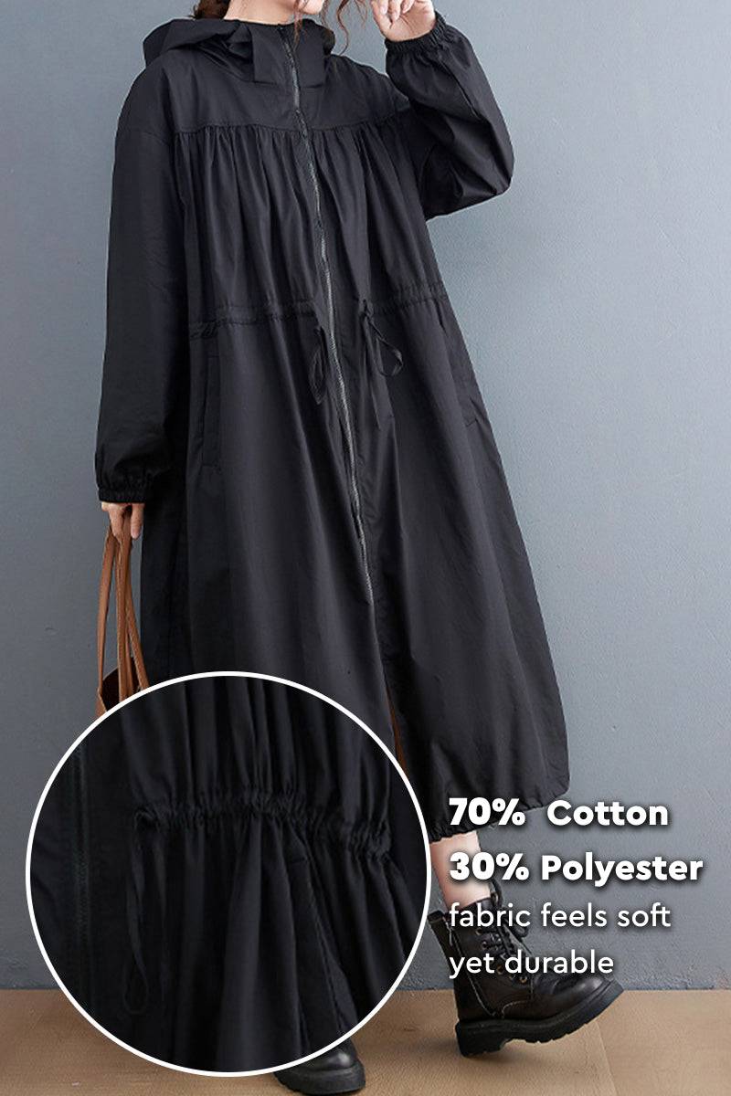 One size oversized all-weather water-resistant windbreaker in black, made of soft breathable cotton-polyester blend fabric, designed for comfort and versatility.