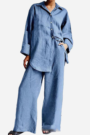 Relaxed fit blue cotton button-up top and wide-leg pants set for vacation essentials cotton set