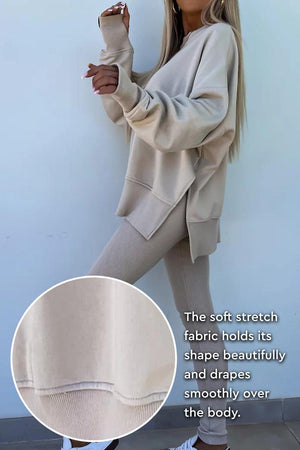 TimelessChic Ultra Comfortable Two-Piece Set in beige soft stretch fabric with relaxed top and high-waisted leggings.