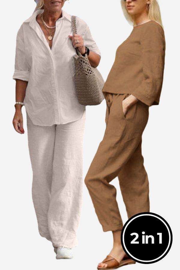 Two women modeling casual chic duo breathable cotton and linen two-piece sets in white and brown, styled for comfort and mix-and-match versatility