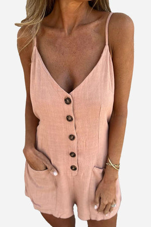 Women's 100% pure linen breathable natural comfort jumpsuit with button front and pockets in soft pink