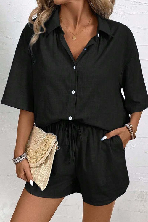 Coastal linen cotton black two-piece set with button-down top and shorts, breathable casual summer outfit