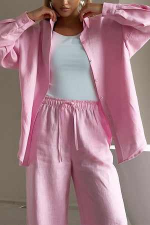 Pink 100 Cotton Wanderlust two-piece set with breathable cotton shirt and drawstring pants for travel comfort and style