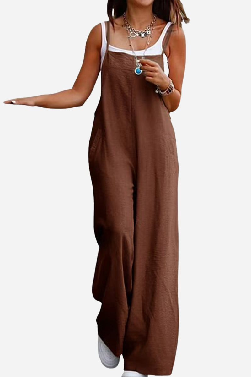 Brown cotton blend comfort jumpsuit with wide legs and sleeveless design on model