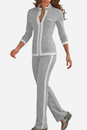 Grey contrast zip two-piece set with soft stretch fabric and flattering silhouette