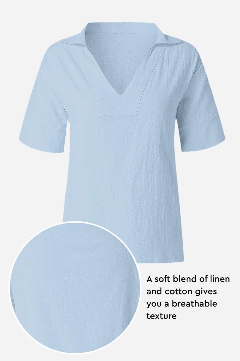 Light blue cotton-linen V-neck relaxed fit shirt with breathable soft texture