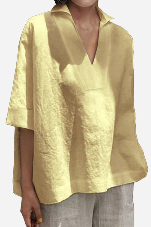 Women's cotton-linen V-neck relaxed fit shirt in light yellow breathable fabric
