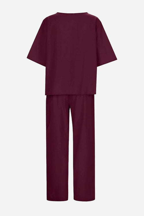 Cotton-linen blend monochrome two-piece set in deep burgundy, breathable relaxed fit top and pants