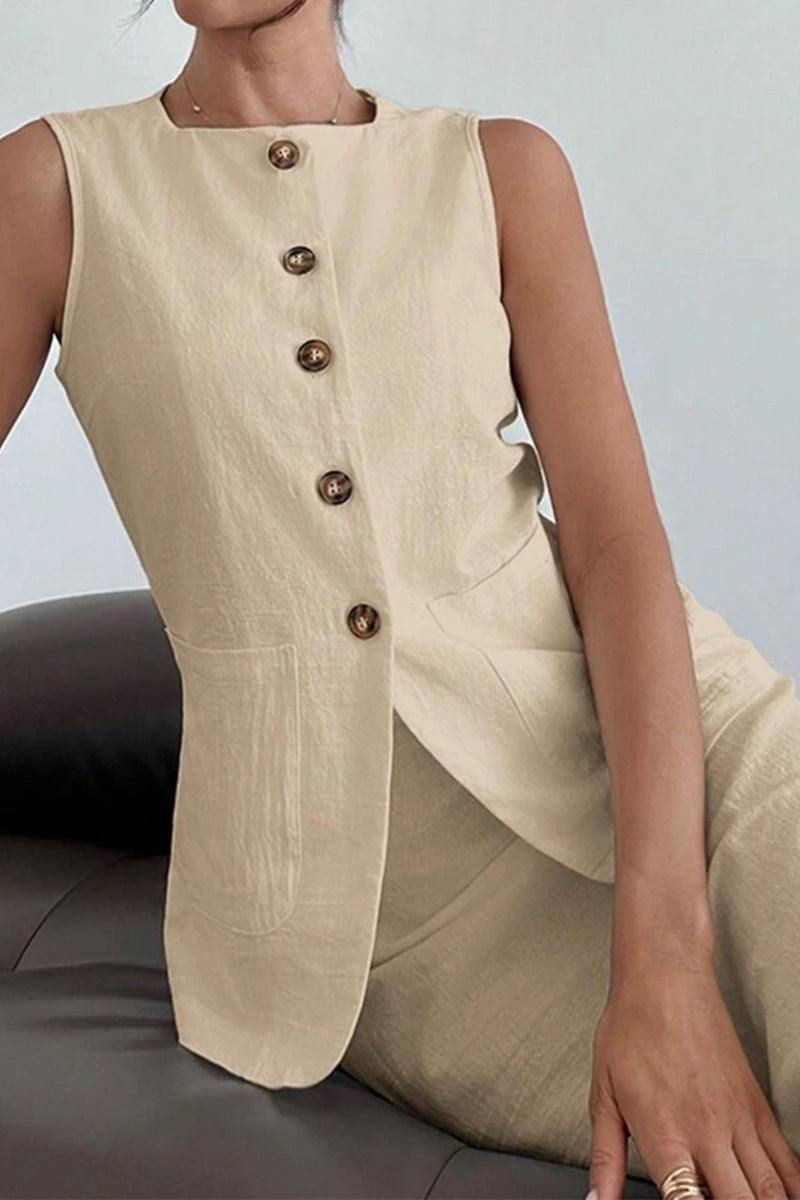 Beige sleeveless cotton-linen blend vest with buttons paired with matching high-waisted skirt