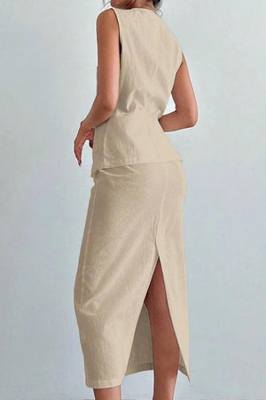 Back view of woman wearing beige cotton-linen blend sleeveless vest and high-waisted skirt two-piece set