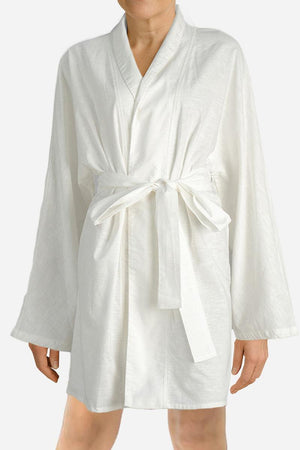 White cotton-linen blend luxury spa robe with kimono cut and belt closure