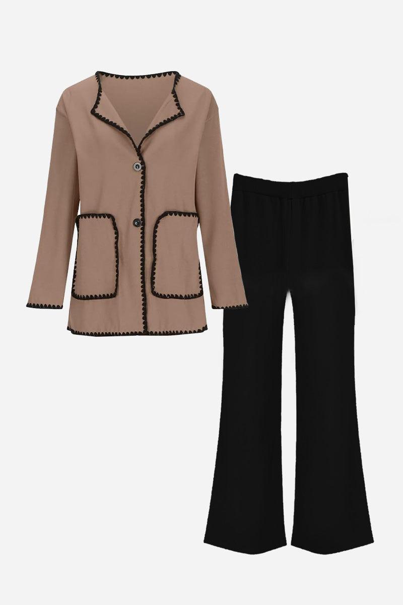 Women's mix and match contrast-trim knit cardigan set with soft knit cardigan and black pants