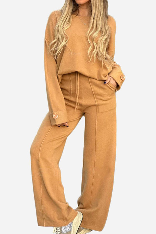 Comfortable camel toned two-piece set with wide-leg pants and button-cuff sweater for travel and casual wear