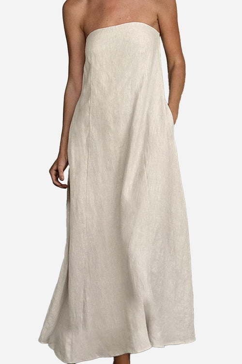 Strapless beige cotton linen blend A-line maxi dress with elastic back panel for comfort and breathability