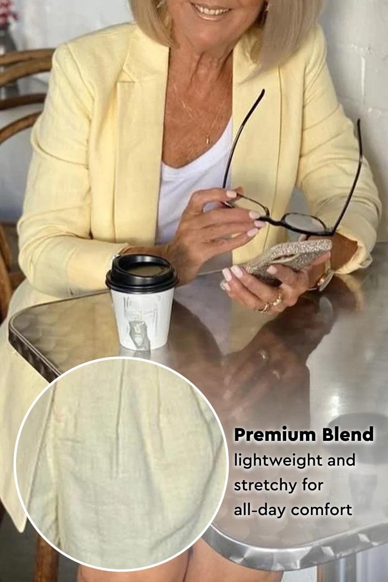 Stylish blazer and shorts two-piece set in soft yellow premium blend fabric, lightweight and stretchy for all-day comfort.