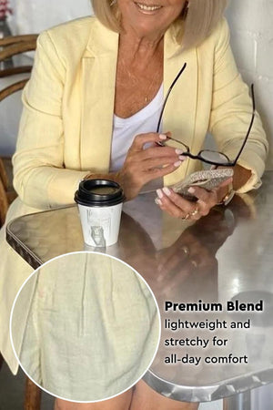 Stylish blazer and shorts two-piece set in soft yellow premium blend fabric, lightweight and stretchy for all-day comfort.