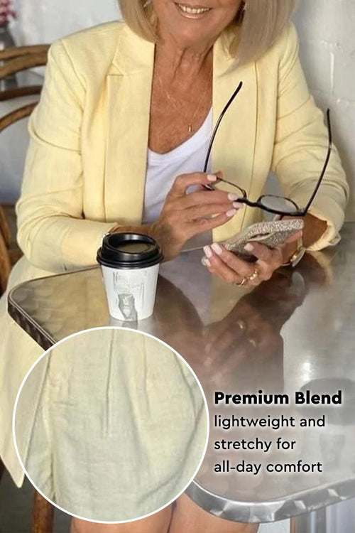 Stylish blazer and shorts two-piece set in soft yellow premium blend fabric, lightweight and stretchy for all-day comfort.