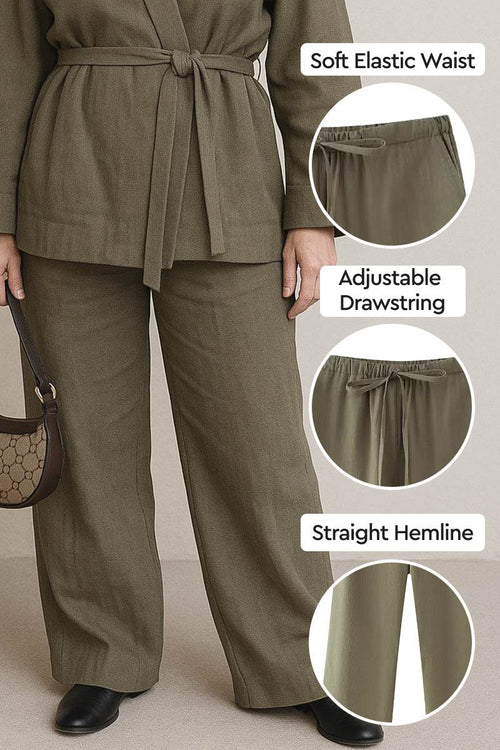 Women's mix-match lounge-to-travel set featuring wide-leg pants with soft elastic waist, adjustable drawstring, and straight hemline in earthy olive tone