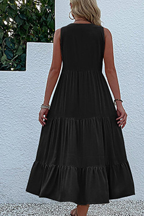 Bohemian tiered midi dress black sleeveless flowing lightweight summer style