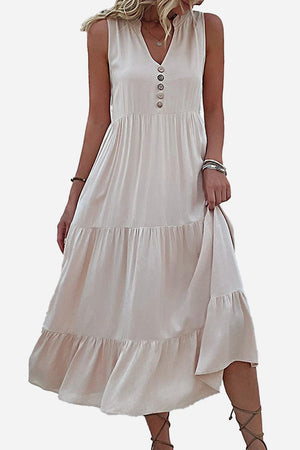 Bohemian tiered midi dress with V-neck and button detail in light beige flowing viscose fabric